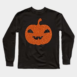 Dark Orange Faux Glitter Halloween Pumpkin Face Long Sleeve T-Shirt